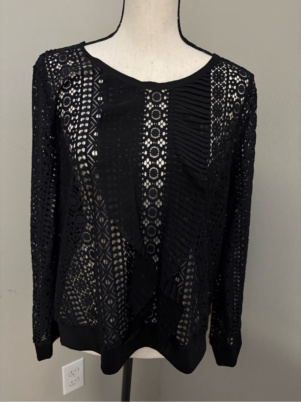 Express Black Lace Openwork Long Sleeve Top  With Chiffon Ruffle